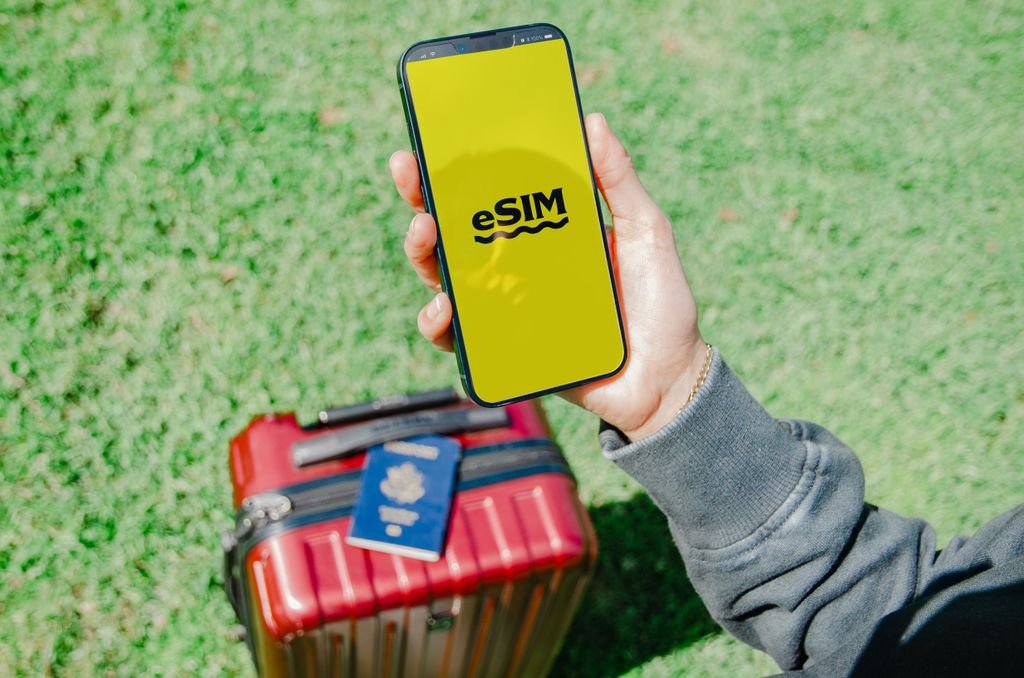 Traveler in Los Angeles holding a smartphone with eSIM near a red suitcase on grass.