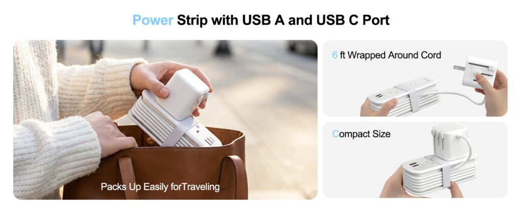 Portable European travel plug adapter with USB-C ports in a travel bag.